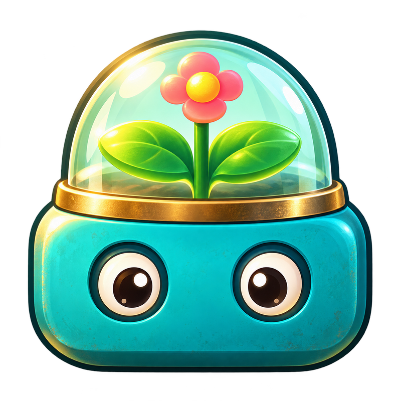 La mascotte de Caravane Aurore : un petit robot turquoise qui abrite une fleur sous une bulle de verre.